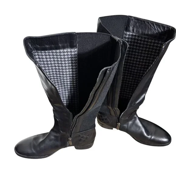 Aquatalia Oralie Equestrian Knee High Boot 8 Black Leather Side Zip Quilted - Picture 7 of 15